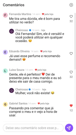 Área de comentários e reações do vídeo dentro da loja
