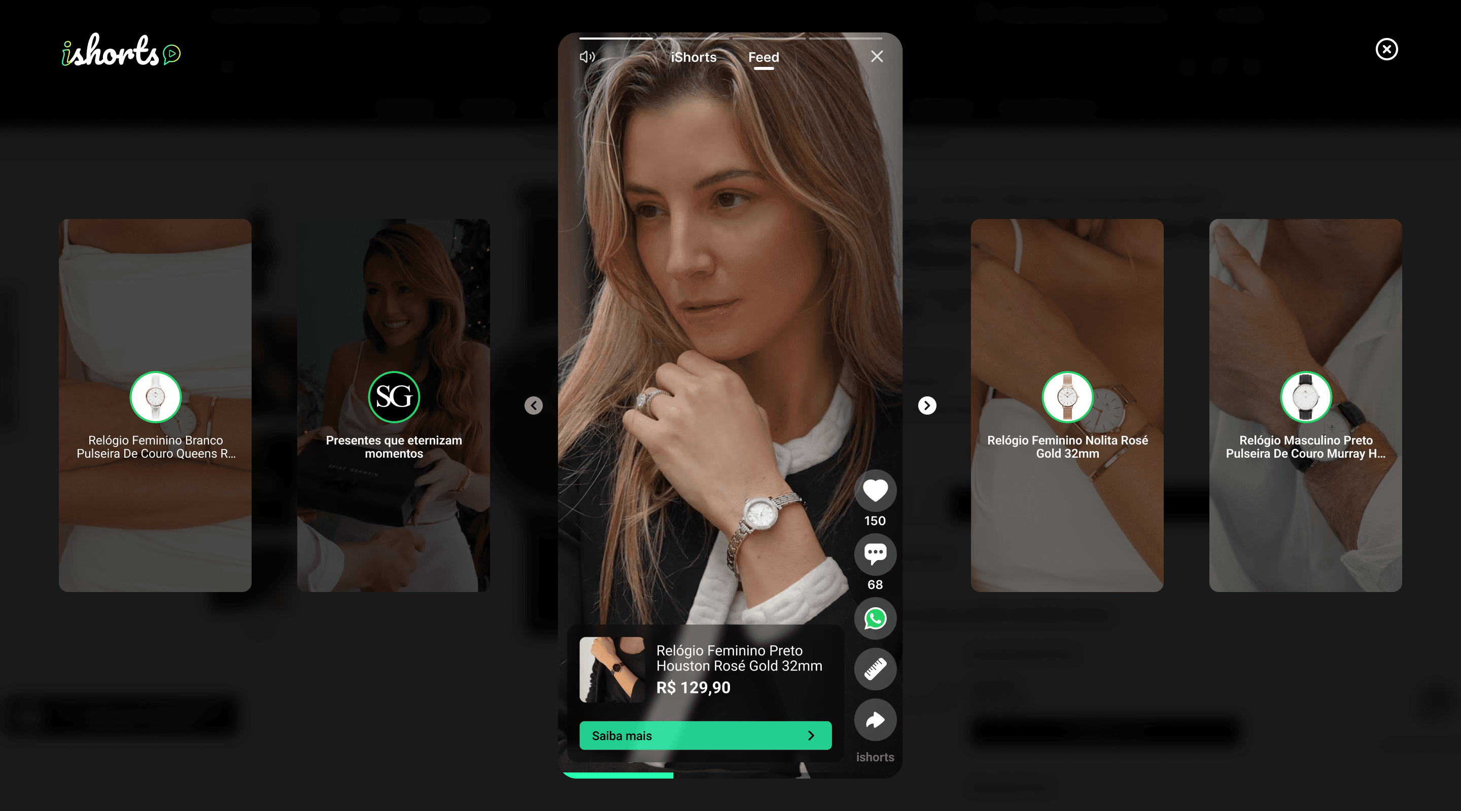 Feed vertical do iShorts dentro de uma loja, com card de produto, preço e botão de compra sobre o vídeo