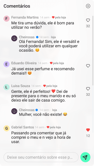 Area de comentarios e reacoes do video dentro da loja